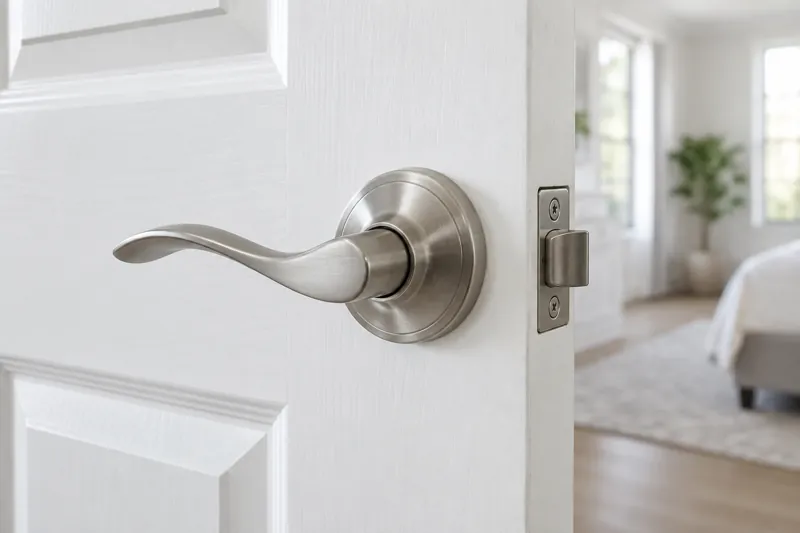 Brushed nickel lever and latch on a white interior door