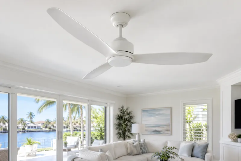 Modern ceiling fan installed in a bright room