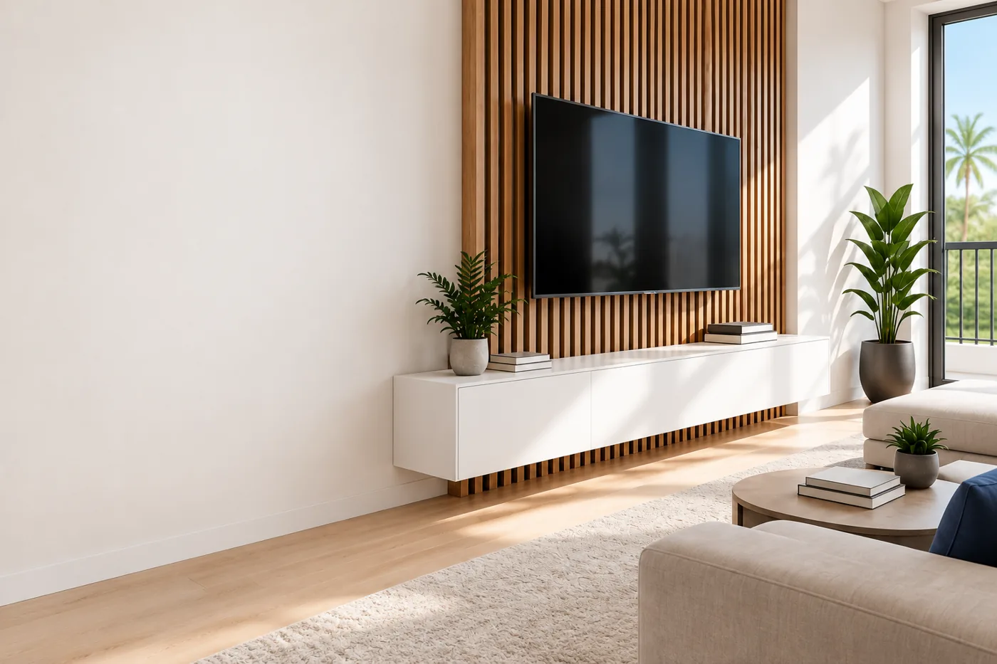 Bright living room with a wall-mounted TV, oak slat accent wall and floating white media cabinet